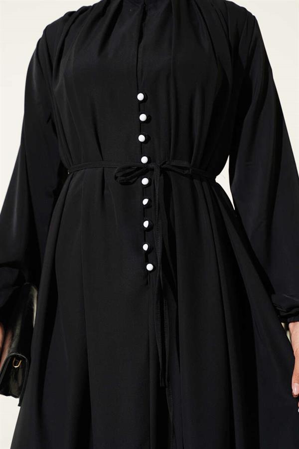 Brit Buttoned Rope Tie Dress Black