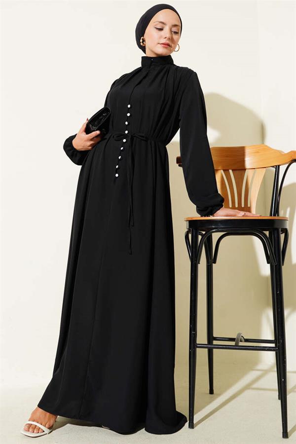 Brit Buttoned Rope Tie Dress Black