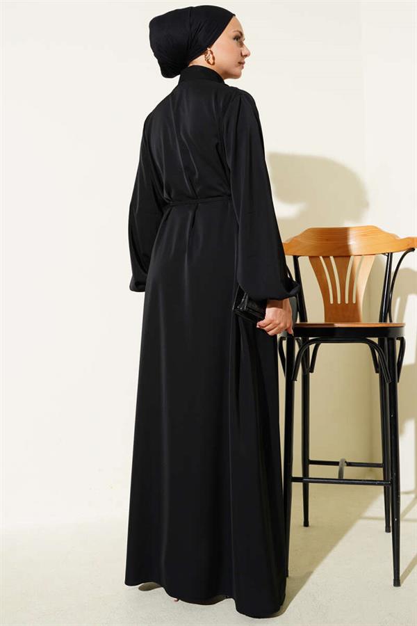 Brit Buttoned Rope Tie Dress Black