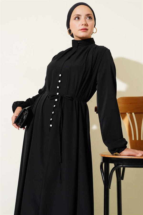 Brit Buttoned Rope Tie Dress Black