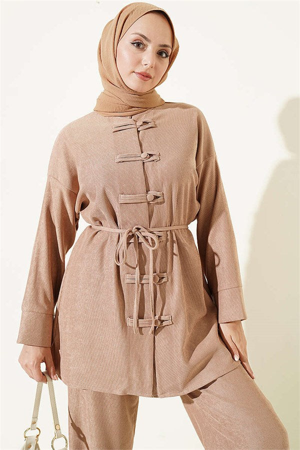 British Buttoned Drawstring 2 Piece Set, Beige