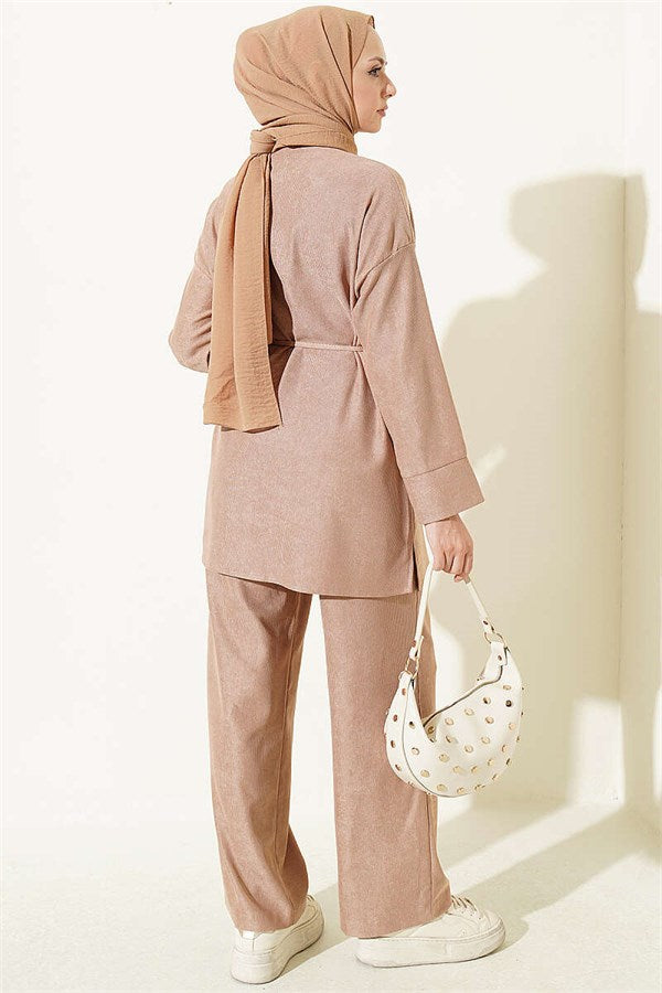 British Buttoned Drawstring 2 Piece Set, Beige