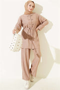 British Buttoned Drawstring 2 Piece Set, Beige
