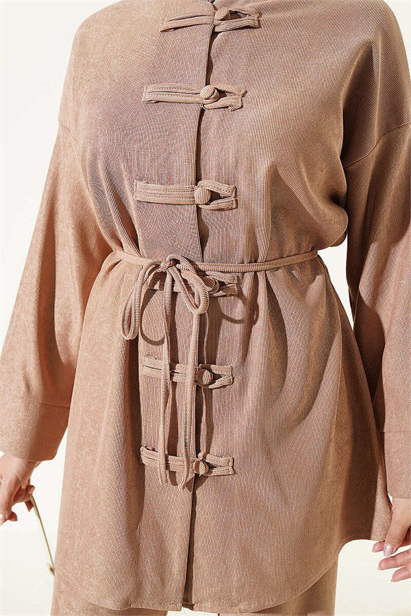 British Buttoned Drawstring 2 Piece Set, Beige