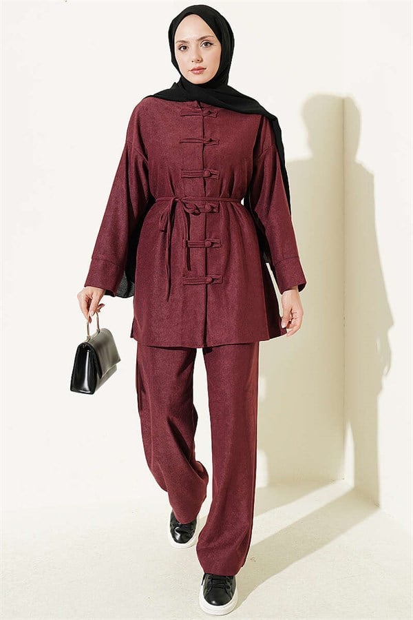 Brit Buttoned Drawstring 2 Piece Set in Burgundy