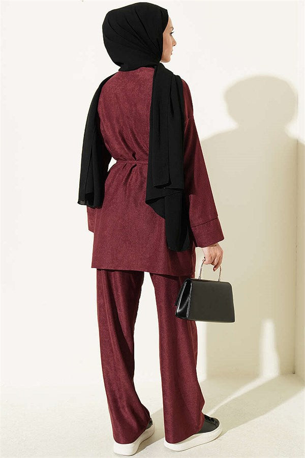 Brit Buttoned Drawstring 2 Piece Set in Burgundy