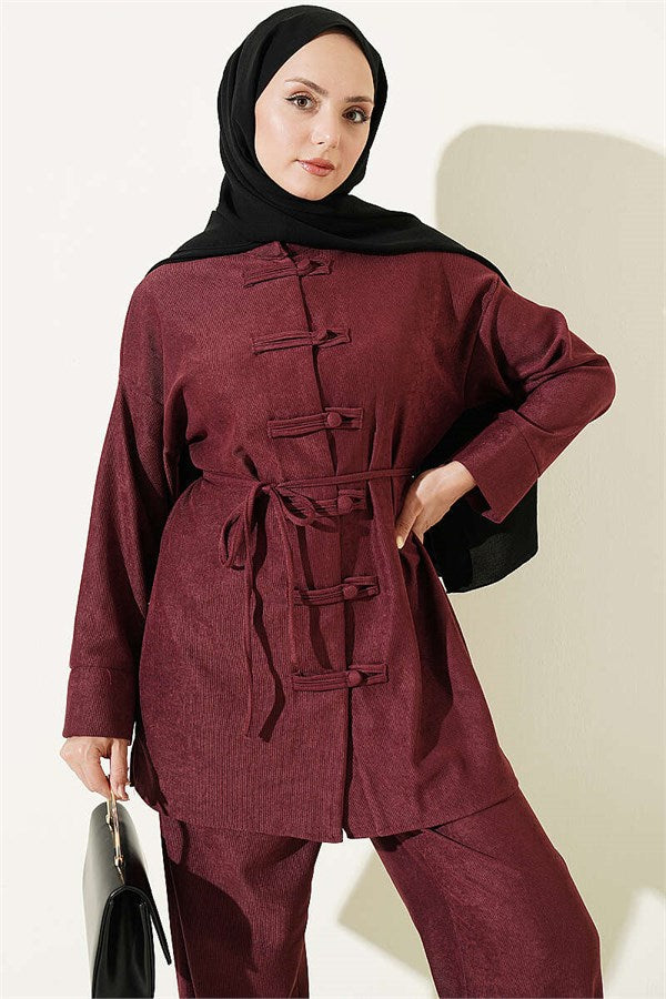 Brit Buttoned Drawstring 2 Piece Set in Burgundy