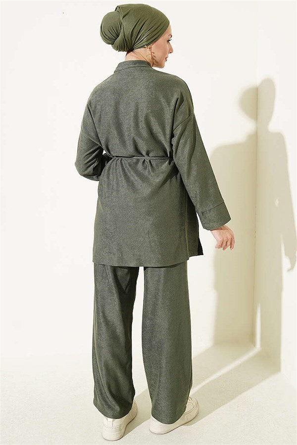 British Buttoned Drawstring 2 Piece Set, Khaki