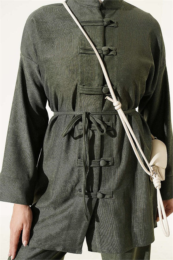 British Buttoned Drawstring 2 Piece Set, Khaki