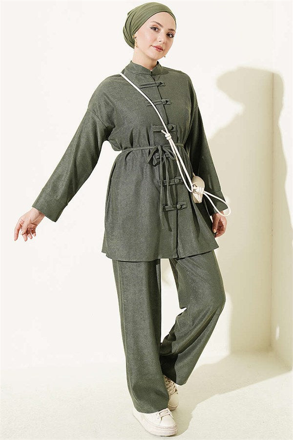 British Buttoned Drawstring 2 Piece Set, Khaki