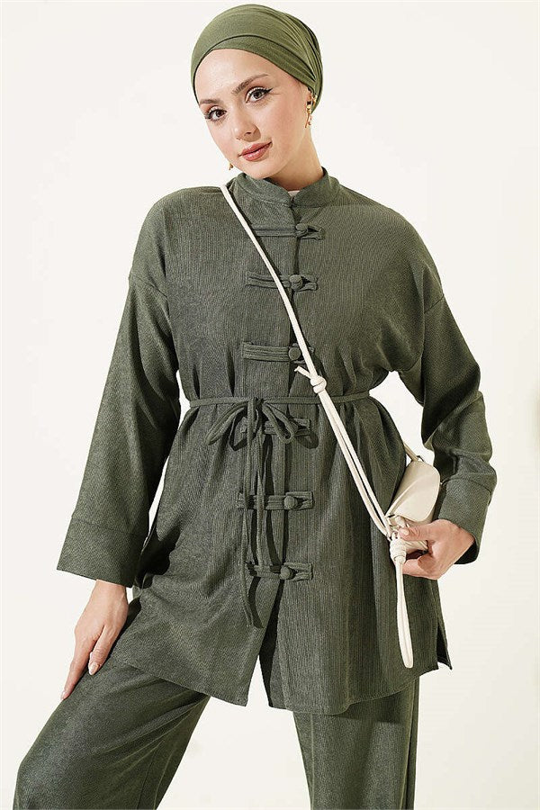 British Buttoned Drawstring 2 Piece Set, Khaki