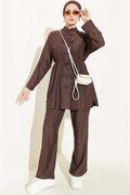 British Buttoned Drawstring 2 Piece Set in Coffee