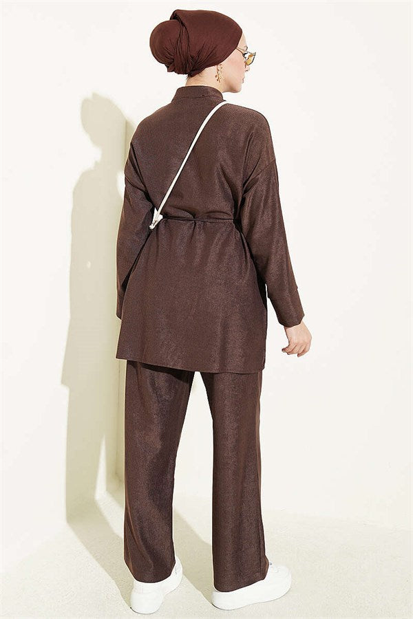 British Buttoned Drawstring 2 Piece Set in Coffee