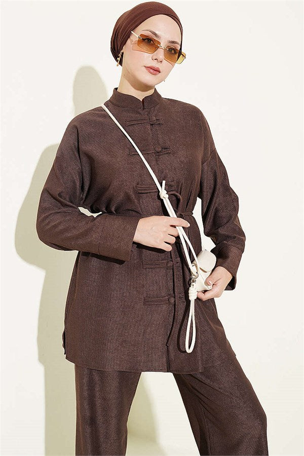 British Buttoned Drawstring 2 Piece Set in Coffee