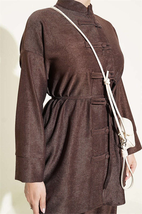 British Buttoned Drawstring 2 Piece Set in Coffee