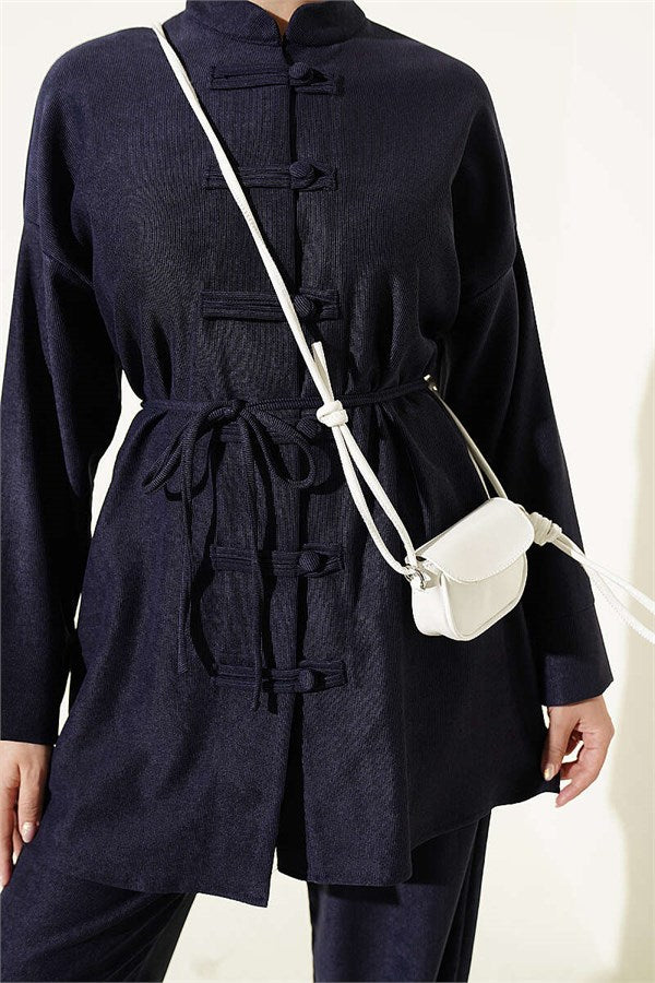 British Buttoned Drawstring 2 Piece Set, Navy Blue