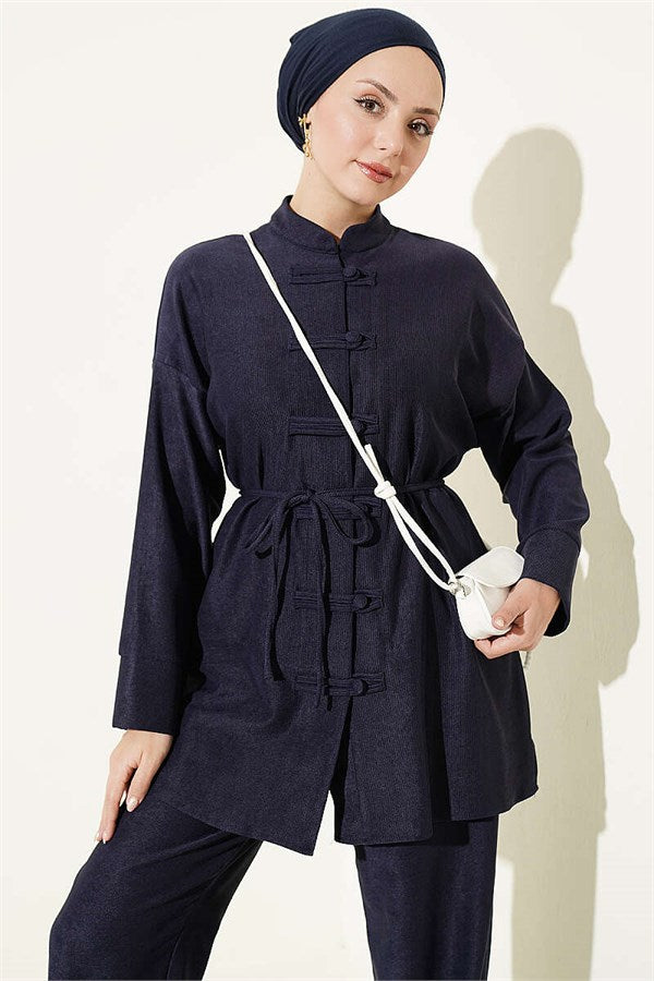 British Buttoned Drawstring 2 Piece Set, Navy Blue