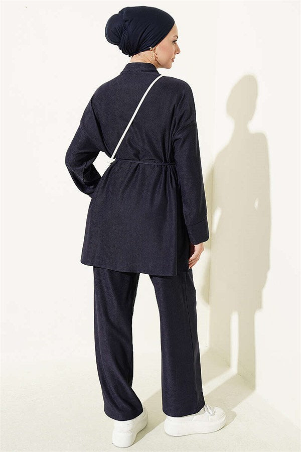 British Buttoned Drawstring 2 Piece Set, Navy Blue