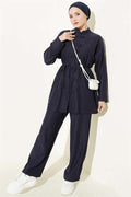 British Buttoned Drawstring 2 Piece Set, Navy Blue
