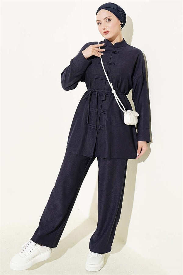 British Buttoned Drawstring 2 Piece Set, Navy Blue