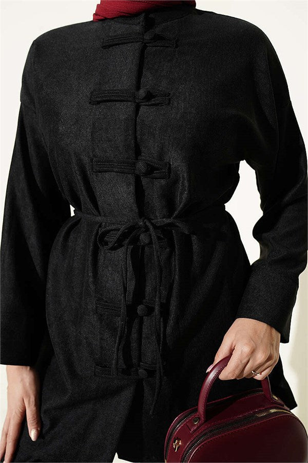 Brit Buttoned Drawstring 2 Piece Set, Black