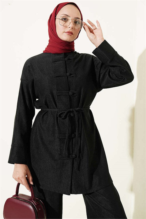 Brit Buttoned Drawstring 2 Piece Set, Black