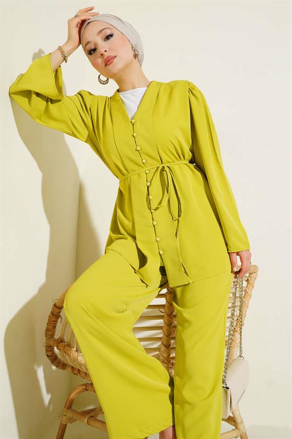 Brit Buttoned Rope Belted Tunic 2 Piece Set Oil Green