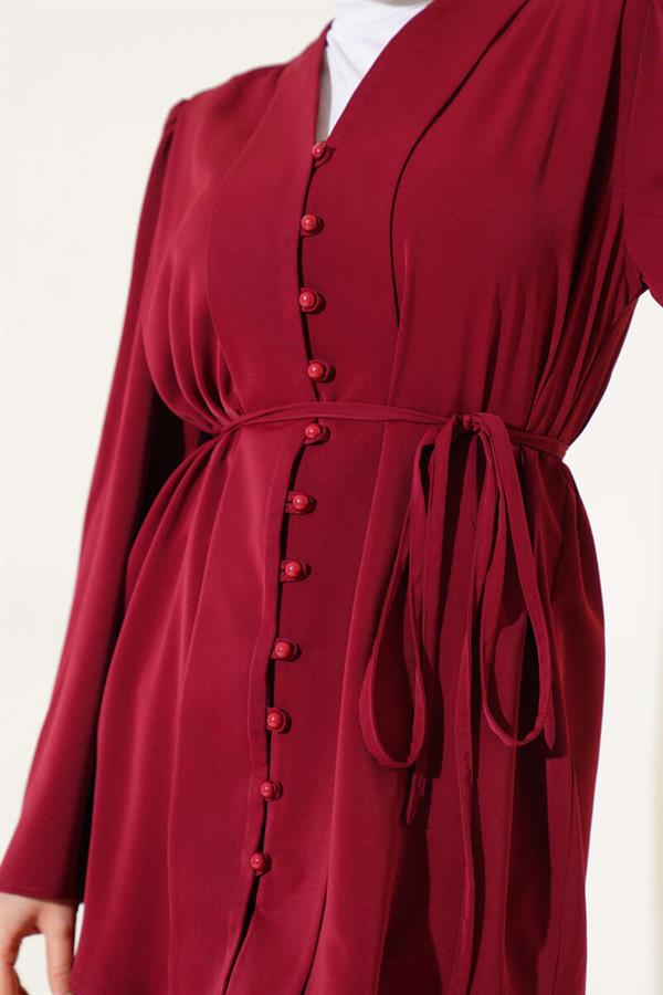 Brit Buttoned Rope Belted Tunic 2 Piece Set Claret Red