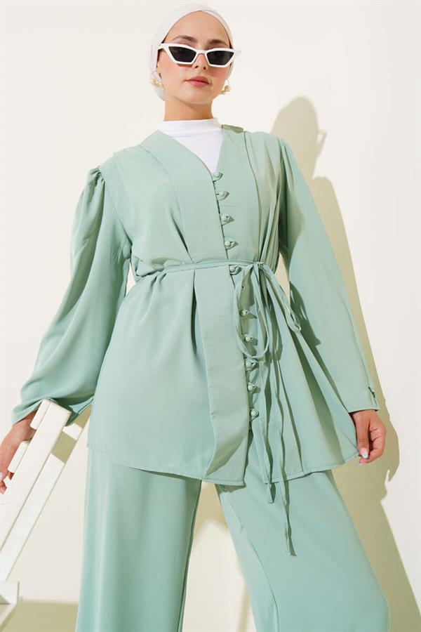 Brit Buttoned Rope Belted Tunic 2 Piece Set Mint Green