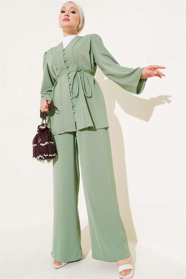 Brit Buttoned Rope Belted Tunic 2 Piecet Set Almond Green