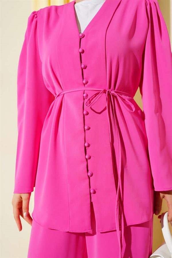 Brit Buttoned Rope Belted Tunic 2 Piece Set Fuchsia