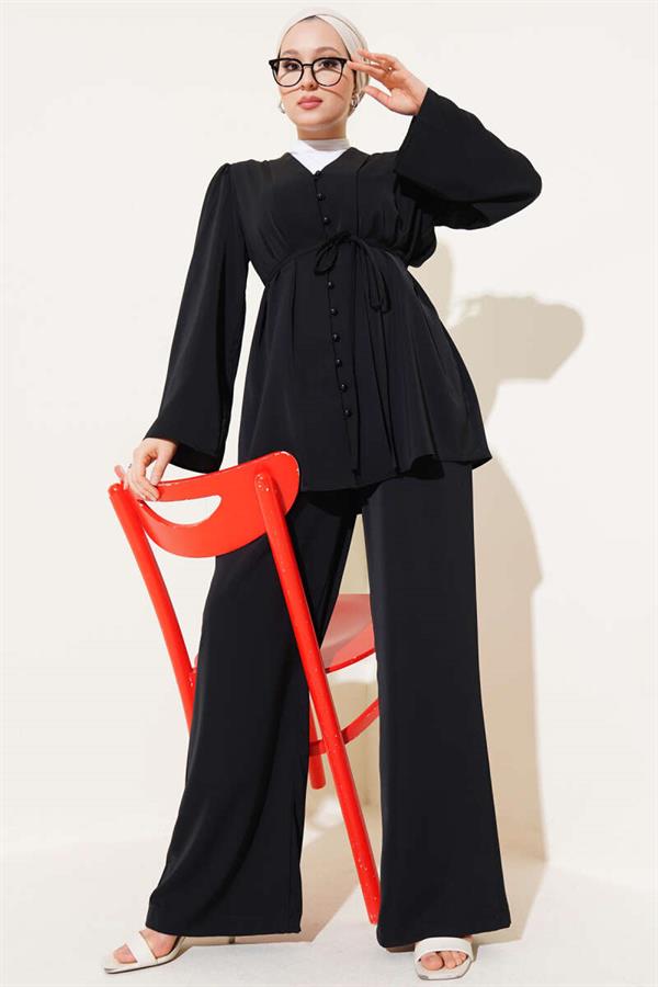 Brit Buttoned Rope Belted Tunic 2 Piece Set Black