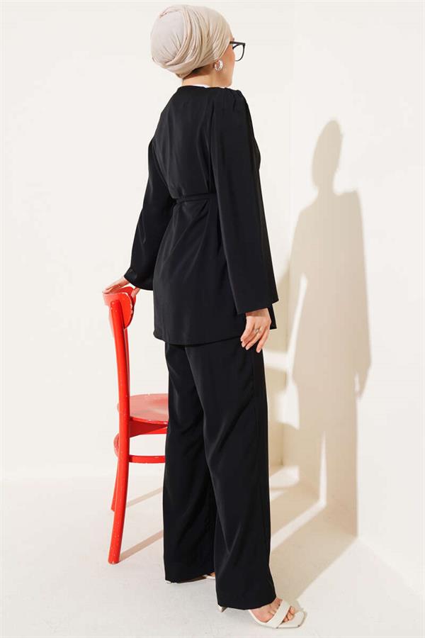 Brit Buttoned Rope Belted Tunic 2 Piece Set Black