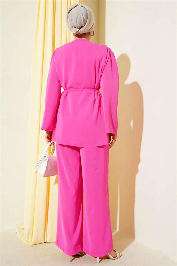 Brit Buttoned Rope Belted Tunic 2 Piece Set Fuchsia