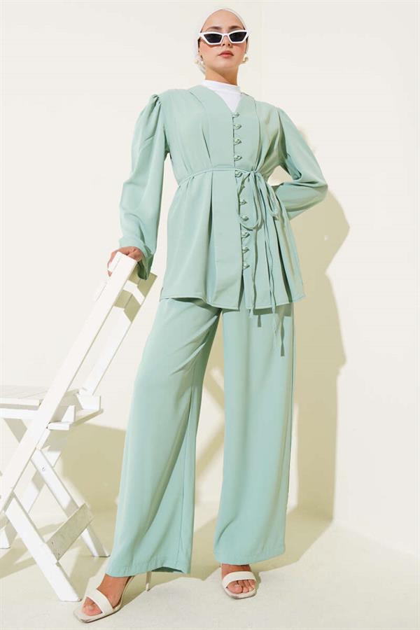 Brit Buttoned Rope Belted Tunic 2 Piece Set Mint Green