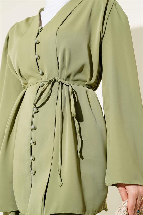 Brit Buttoned Rope Belted Tunic 2 Piece Set Green