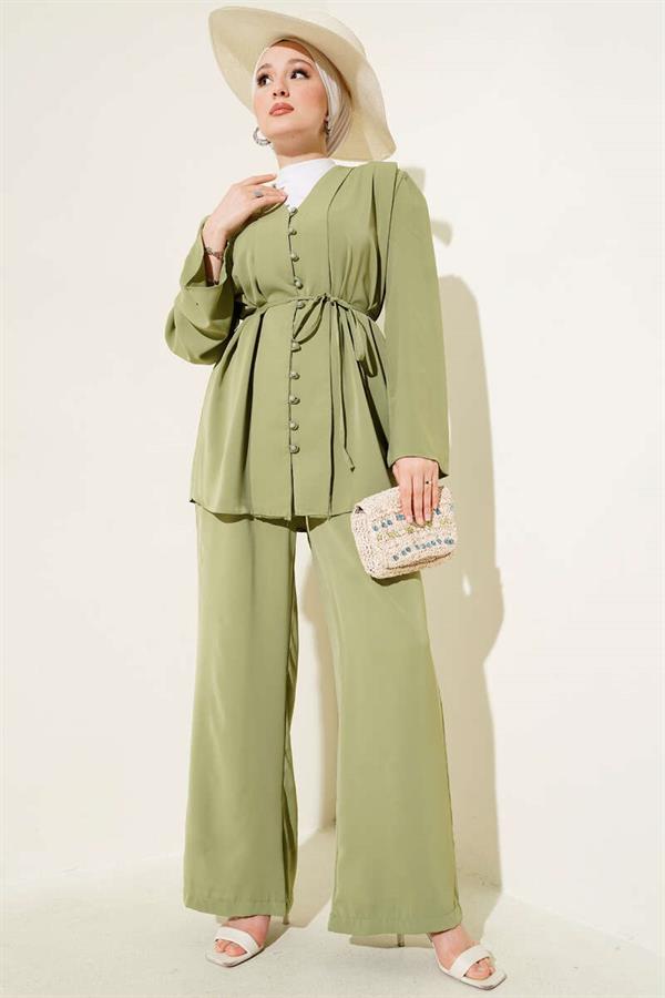 Brit Buttoned Rope Belted Tunic 2 Piece Set Green
