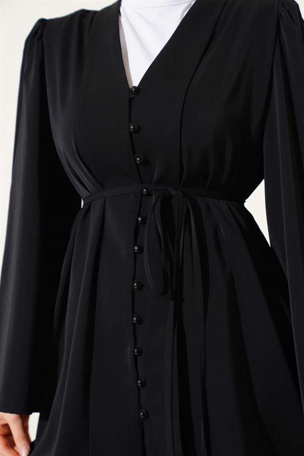 Brit Buttoned Rope Belted Tunic 2 Piece Set Black