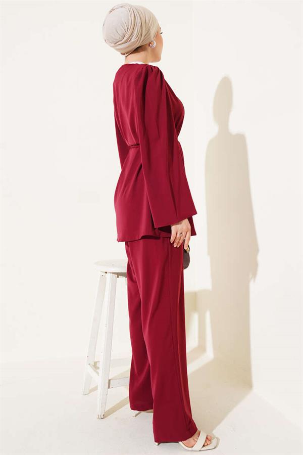 Brit Buttoned Rope Belted Tunic 2 Piece Set Claret Red