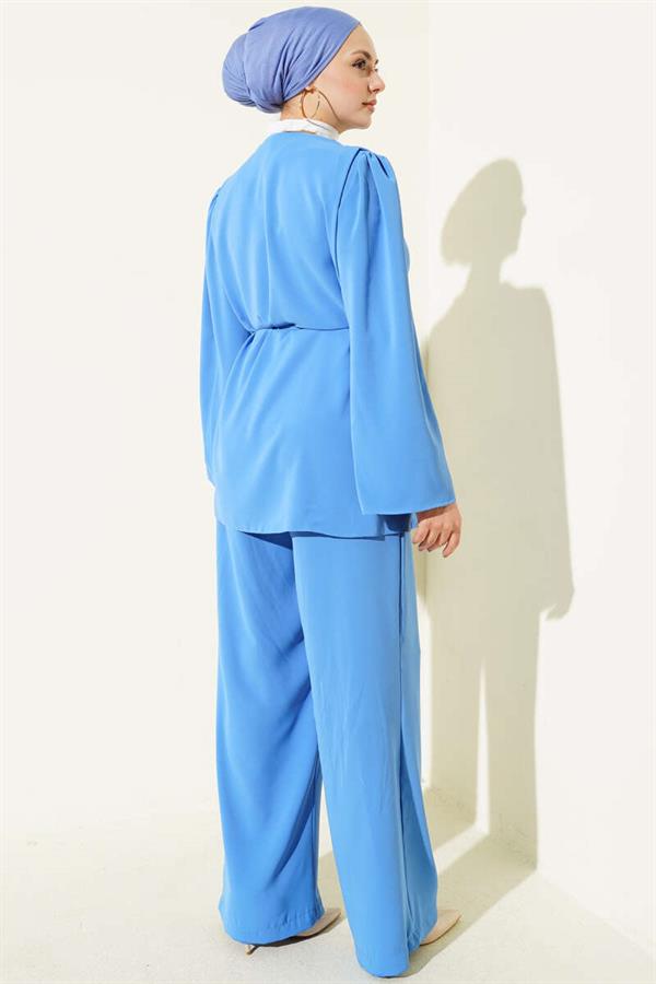 British Buttoned Tunic with Drawstring 2 Piece Set, Blue