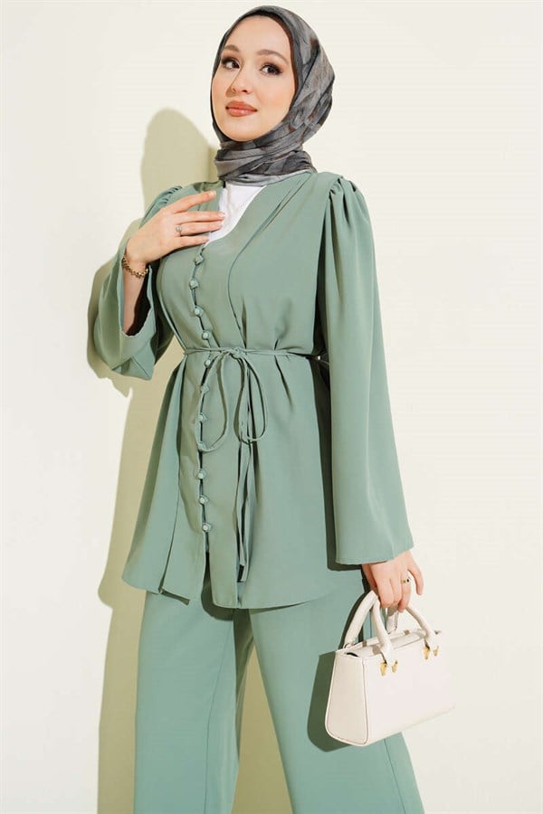 British Buttoned Tunic with Drawstring 2 Piece Set, Persian Green