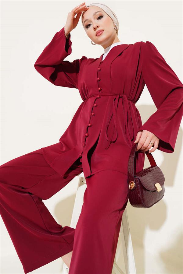 Brit Buttoned Rope Belted Tunic 2 Piece Set Claret Red