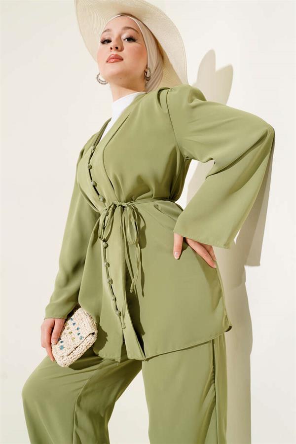 Brit Buttoned Rope Belted Tunic 2 Piece Set Green