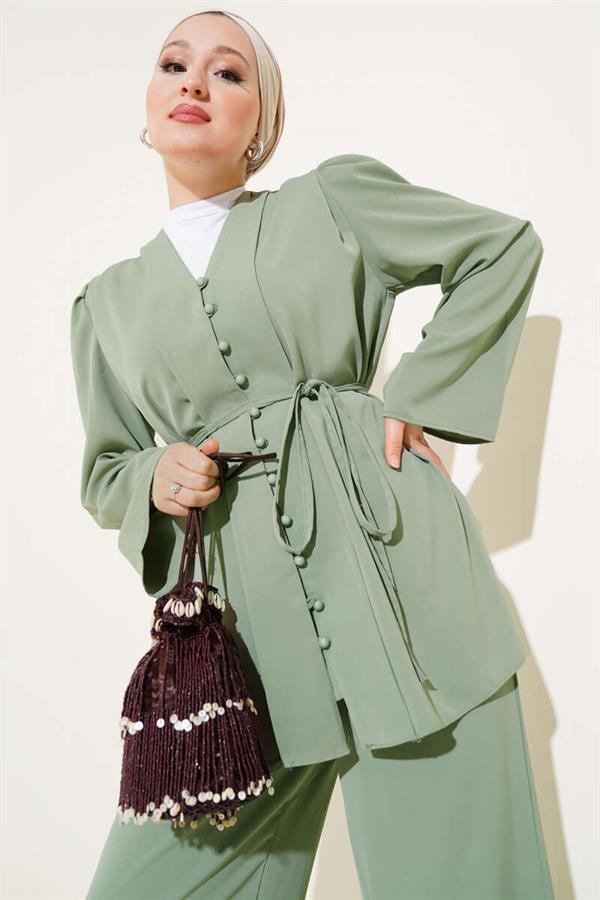 Brit Buttoned Rope Belted Tunic 2 Piecet Set Almond Green