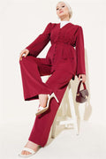 Brit Buttoned Rope Belted Tunic 2 Piece Set Claret Red
