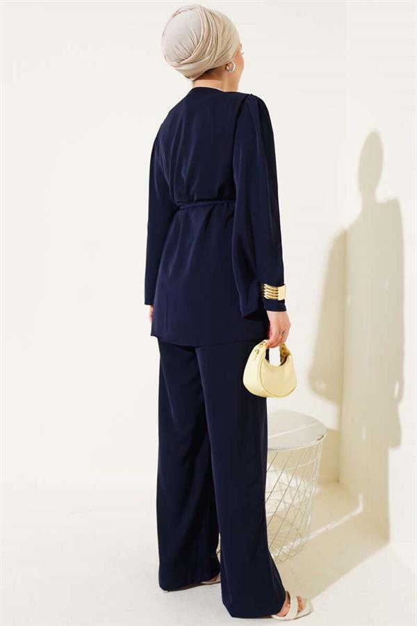 Brit Buttoned Rope Belted Tunic 2 Piece Set Navy Blue