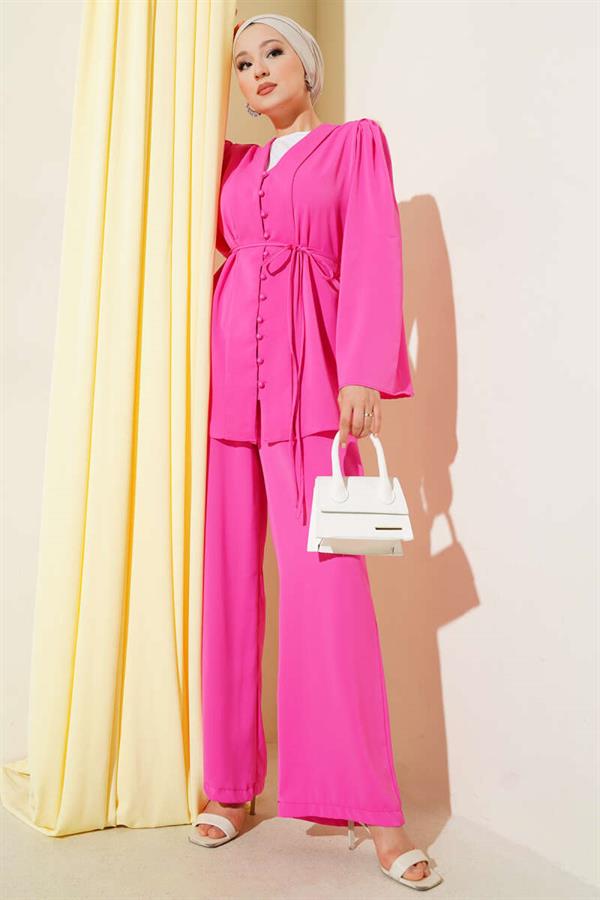 Brit Buttoned Rope Belted Tunic 2 Piece Set Fuchsia