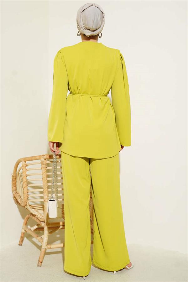Brit Buttoned Rope Belted Tunic 2 Piece Set Oil Green