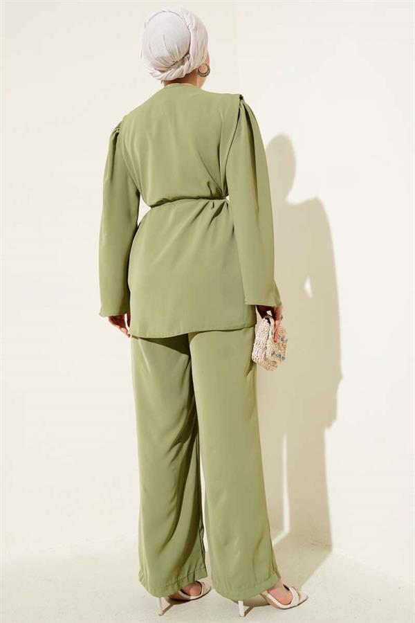 Brit Buttoned Rope Belted Tunic 2 Piece Set Green
