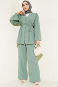 British Buttoned Tunic with Drawstring 2 Piece Set, Persian Green